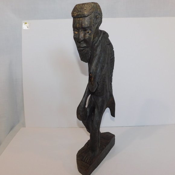 Vintage African Man Carrying Carp Fish On back Wooden hand Carved Sculpture 19" - Picture 2 of 8